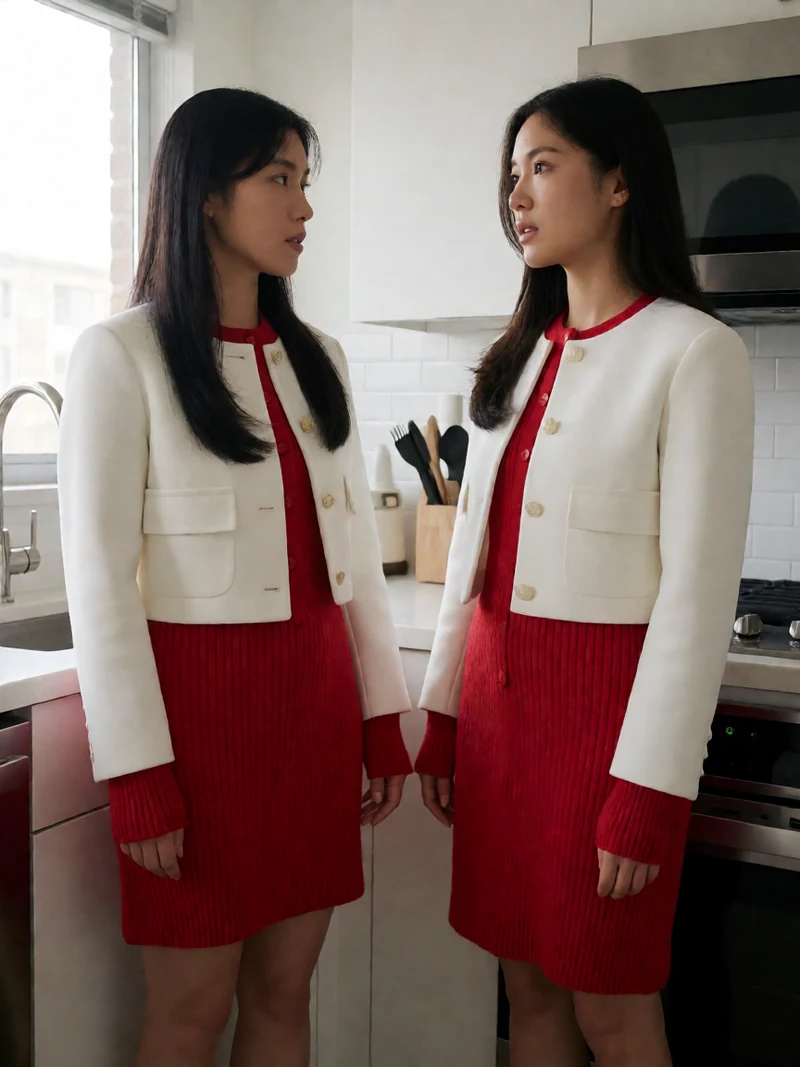 两名虚构成年女性都穿白色短外套与红色短裙居中站在现代公寓厨房