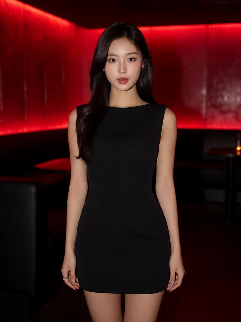虚构成年女性穿黑色短裙居中站在酒红灯光的夜场休息区
