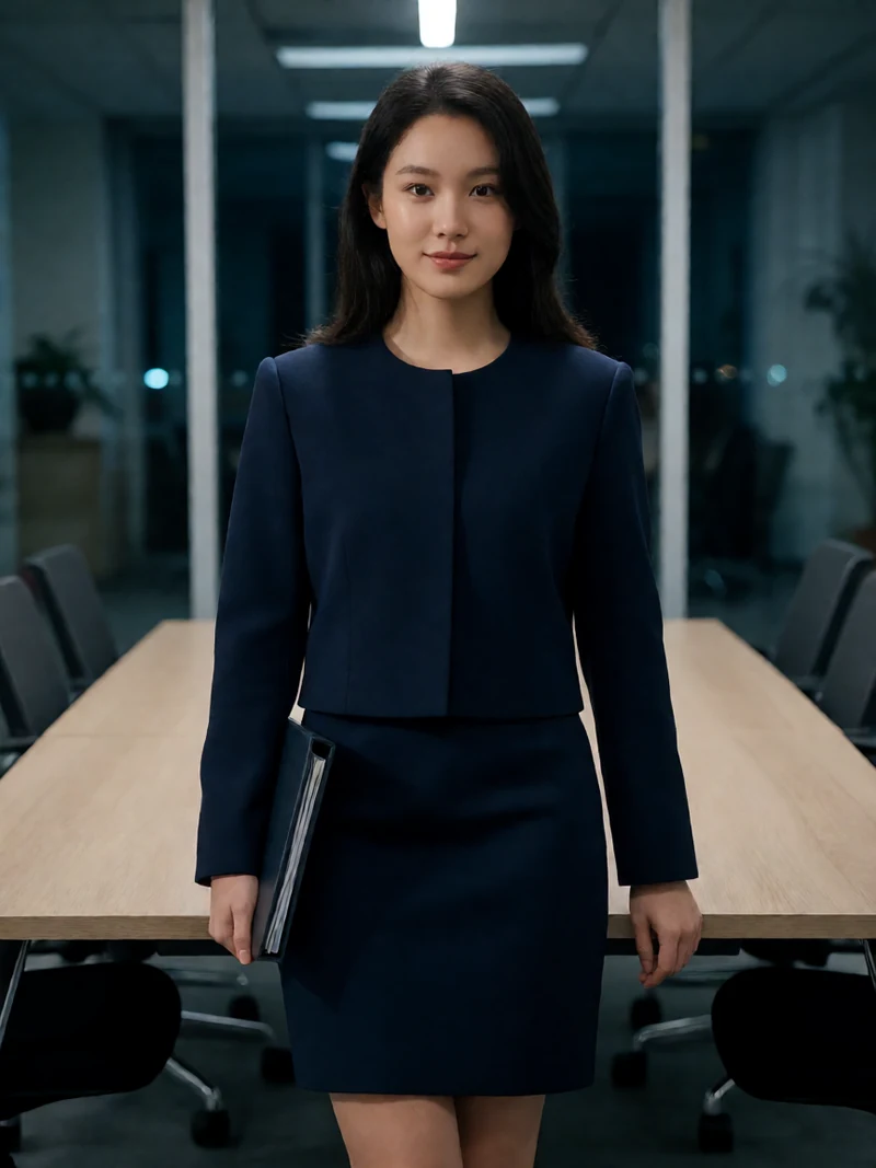 虚构成年女性穿深蓝色短西装居中站在现代办公室桌边